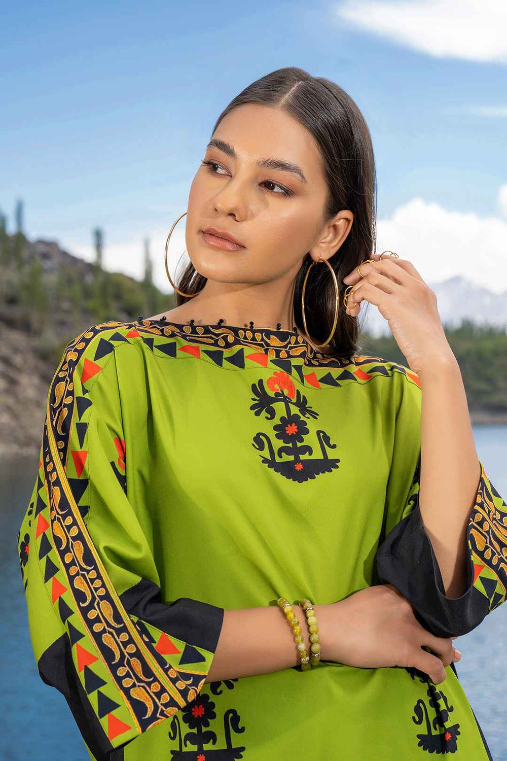 Vibrant Lime Green Digital Printed Long Shirt with Black Trousers YL-2