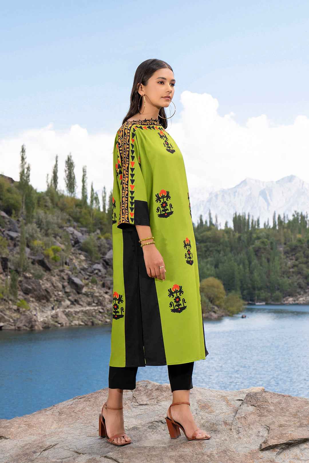 Vibrant Lime Green Digital Printed Long Shirt with Black Trousers YL-2