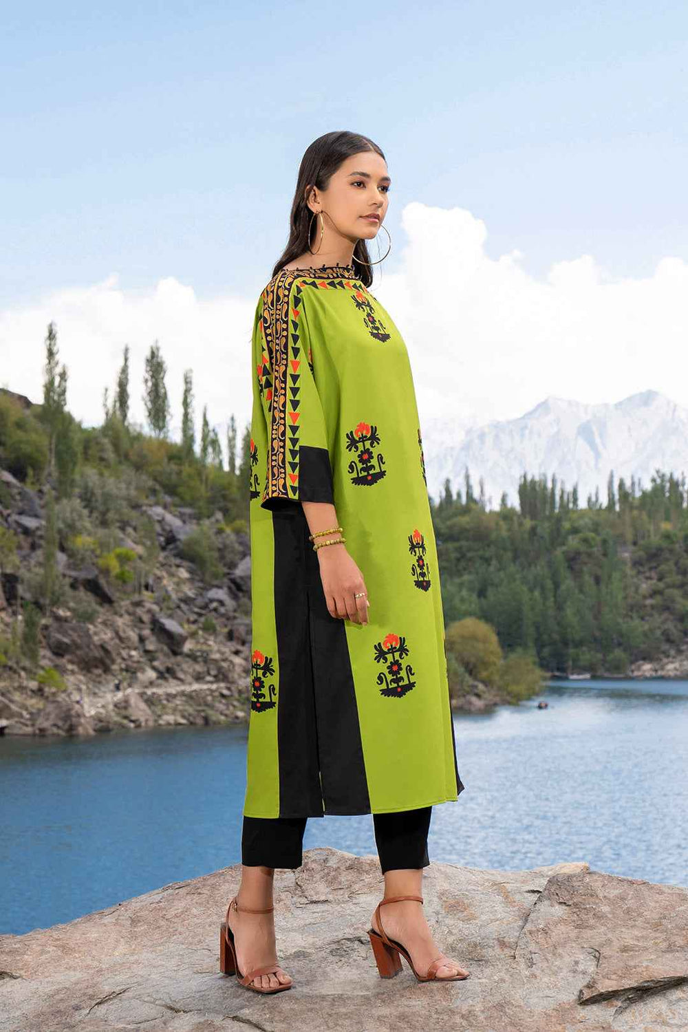 Vibrant Lime Green Digital Printed Long Shirt with Black Trousers YL-2