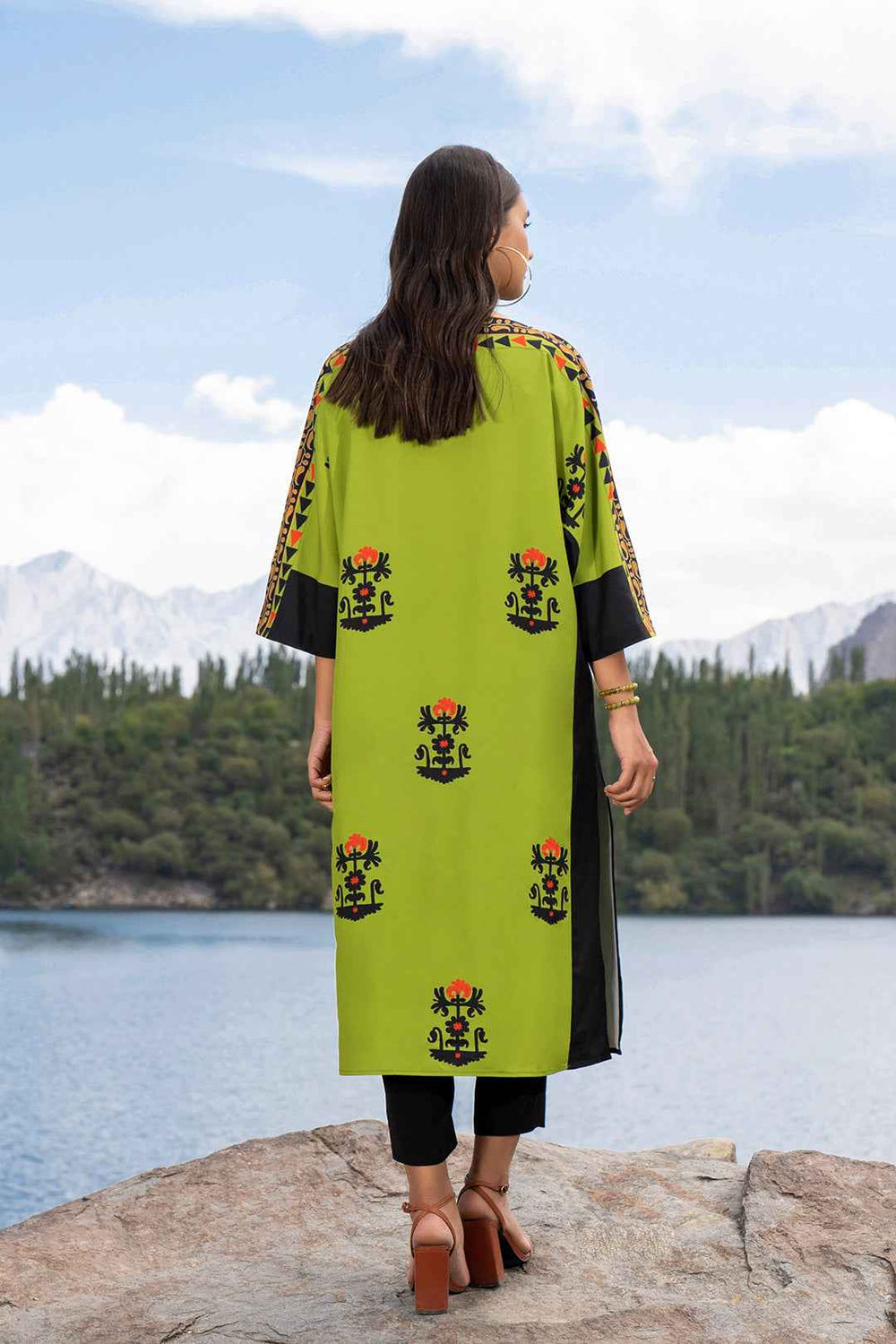Vibrant Lime Green Digital Printed Long Shirt with Black Trousers YL-2