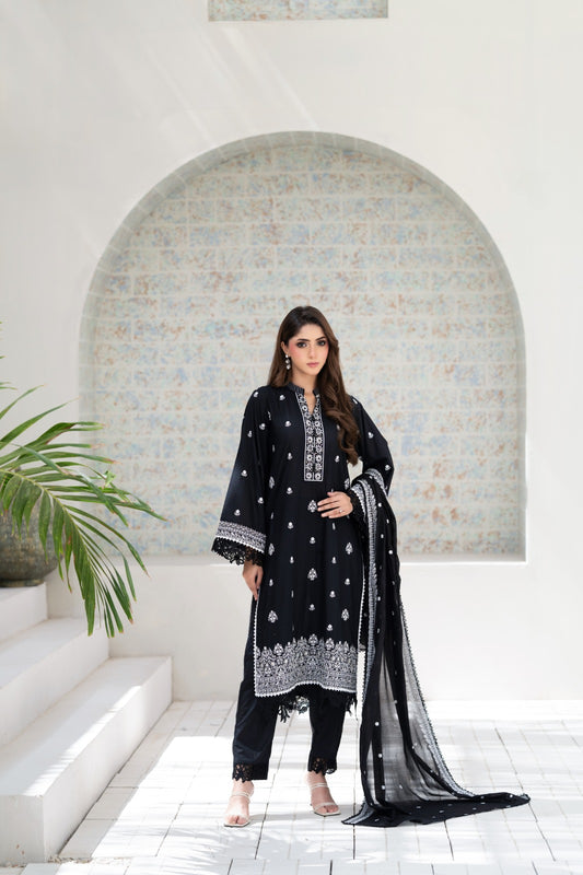 Black Noir 3- PCs Embroidered Lawn Suit | ZZ-BL-26034