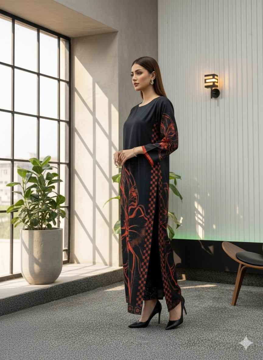 Black Red Digital Printed Long Dress - Stylish Two Piece Outfit