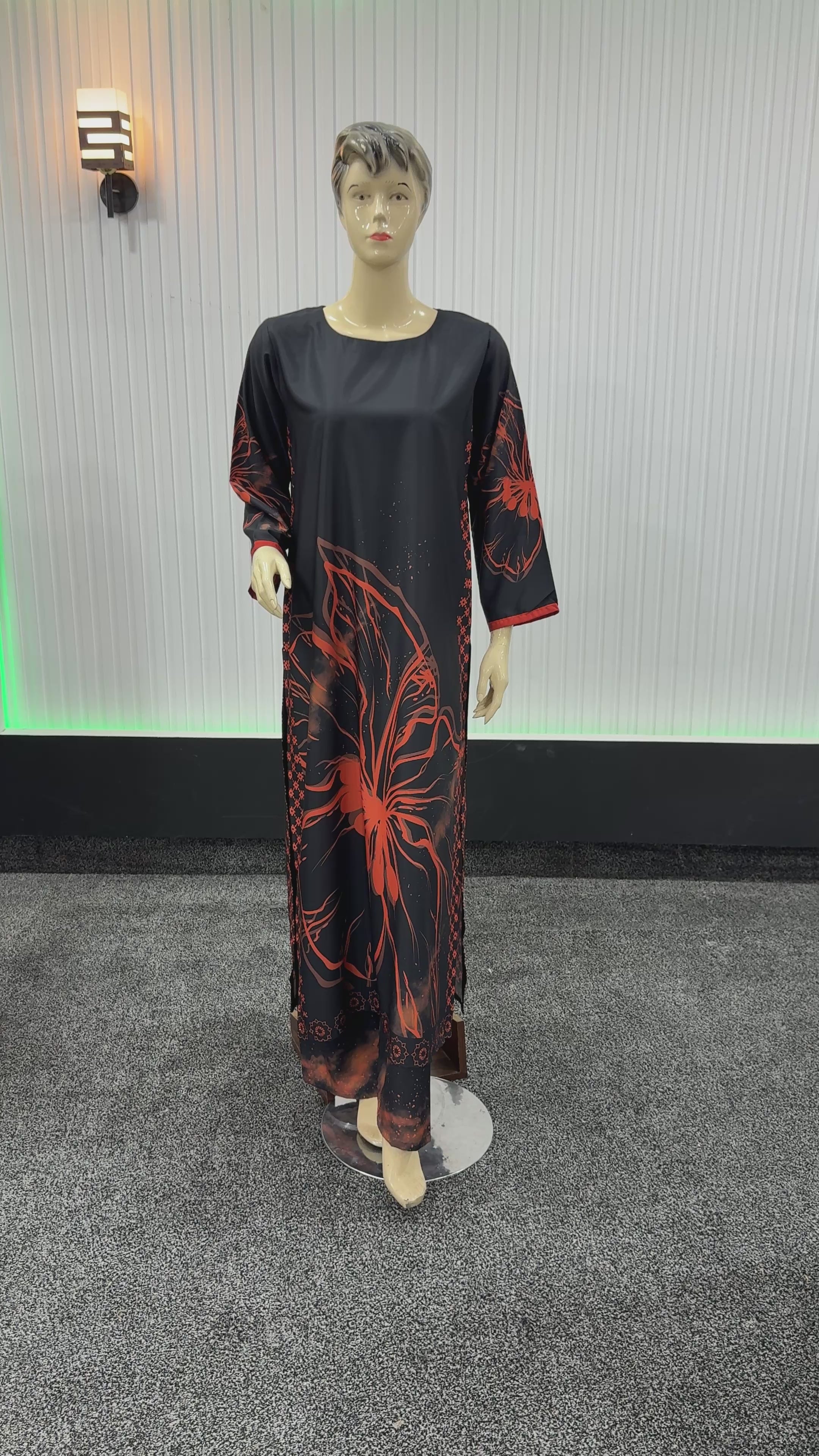 Black Red Digital Printed Long Dress - Stylish Two Piece Outfit