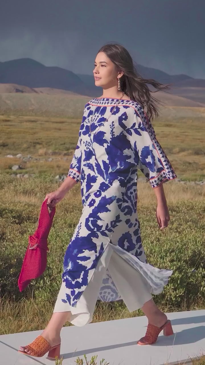 Blue and White Floral Long Shirt - 2 Piece Digital Printed Set YL-99