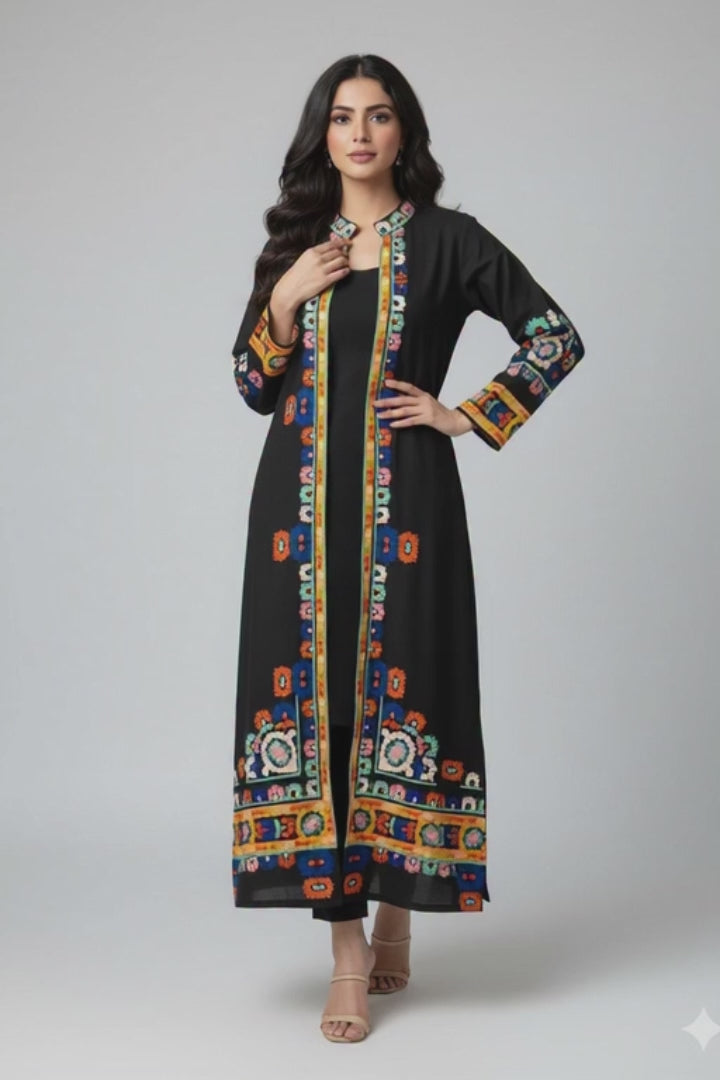 Black Ethnic Print Long Shrug 2-Piece Set (YL 13)