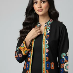 Black Ethnic Print Long Shrug 2-Piece Set (YL 13)