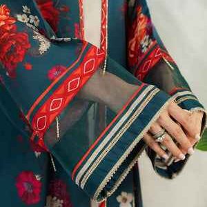 Alternative view of Long Open Duster Jacket in Teal & Red Print  YL- 47